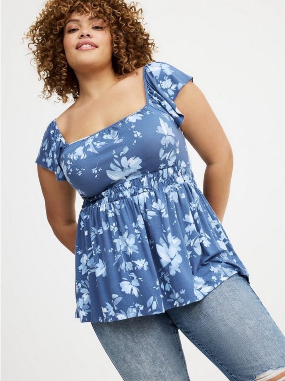 Torrid Blue Floral Flutter Sleeve Babydoll Square-Neck Top Super Soft